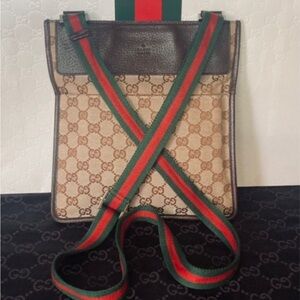 Gucci Beige and Brown Messenger Bag with Red and Green Strap